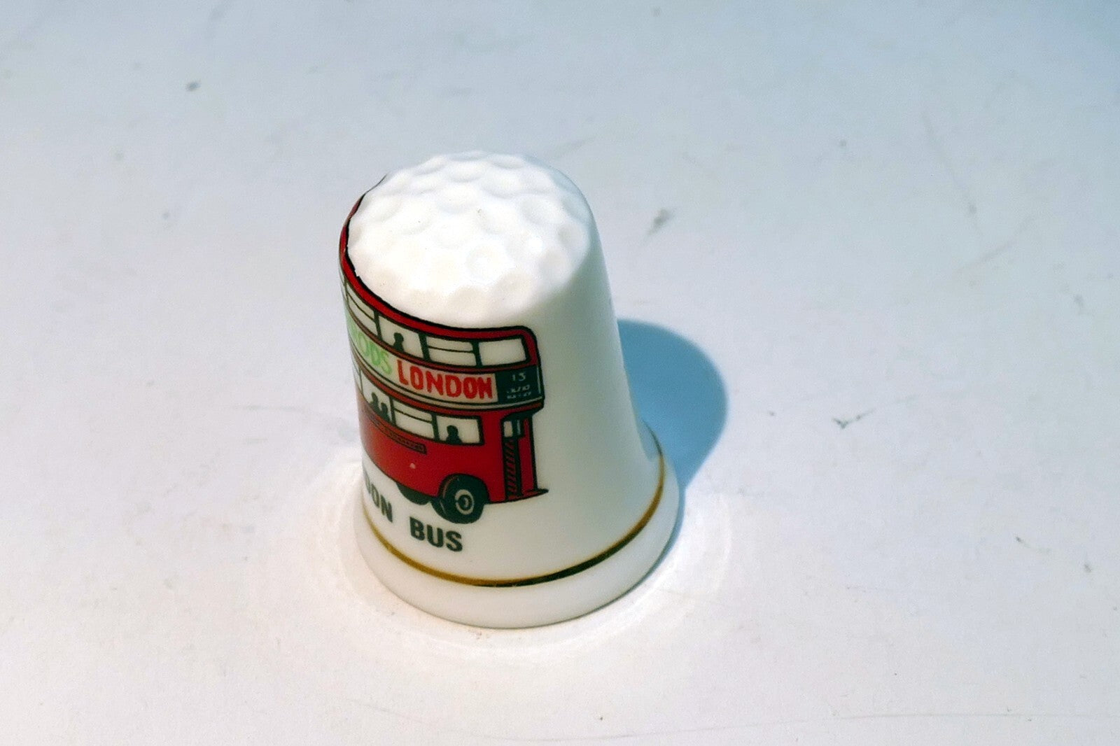 Porcelain Thimble Souvenir  London UK England Bus Red Harrods