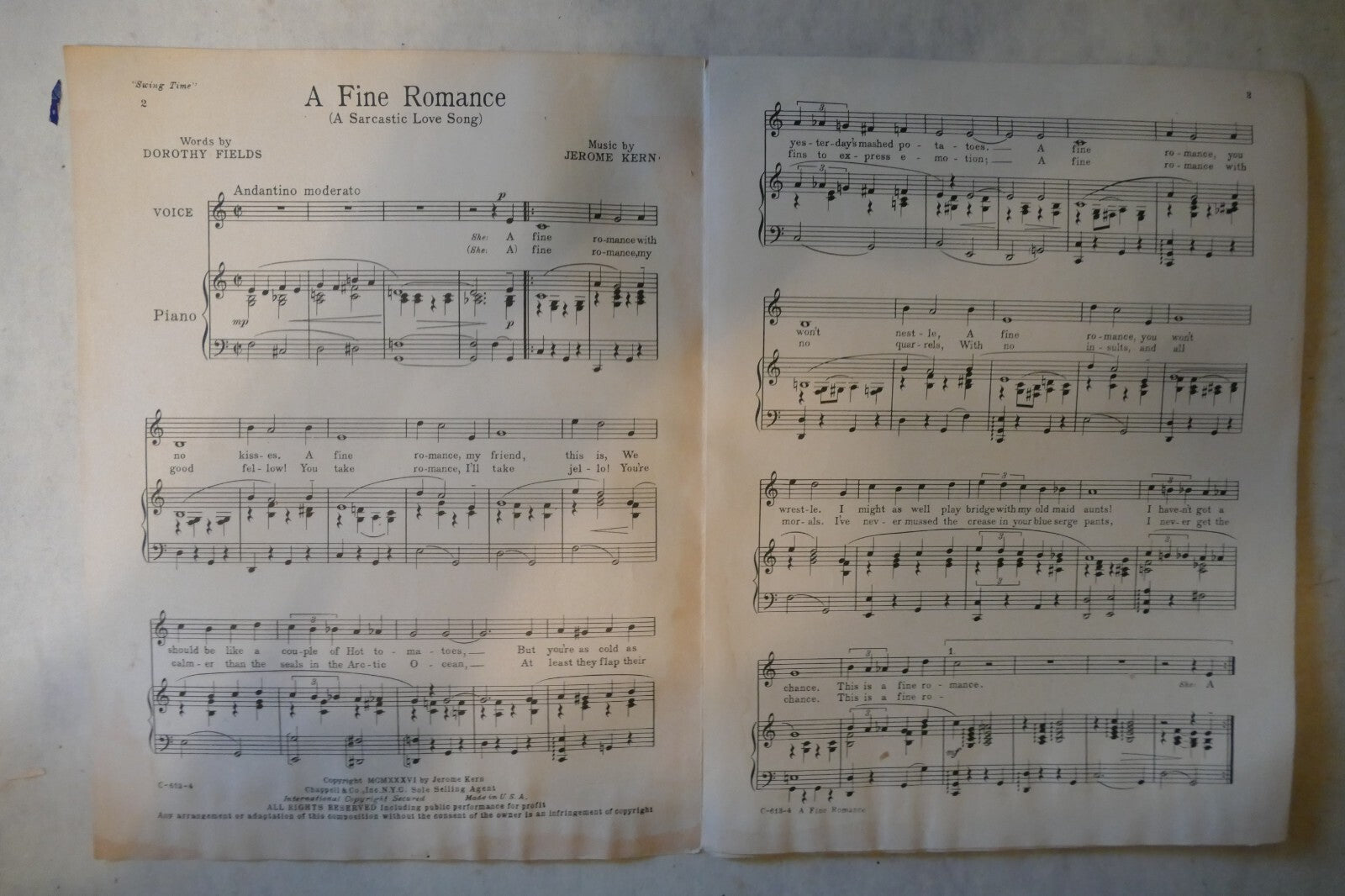 A Fine Romance, 1936, from "Swing Time" musical, by Jerome Kern, Dorothy Fields