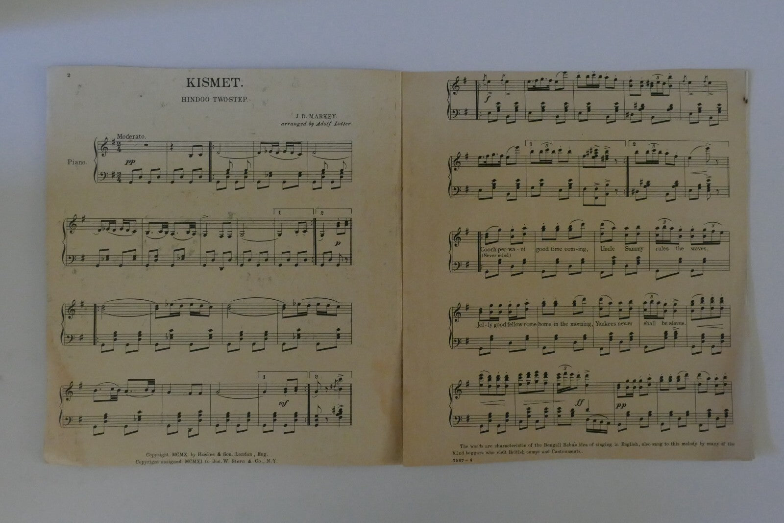 Kismet (Hindoo Twostep) 1911, by J.D. Markey; Jos. W. Stern and Co