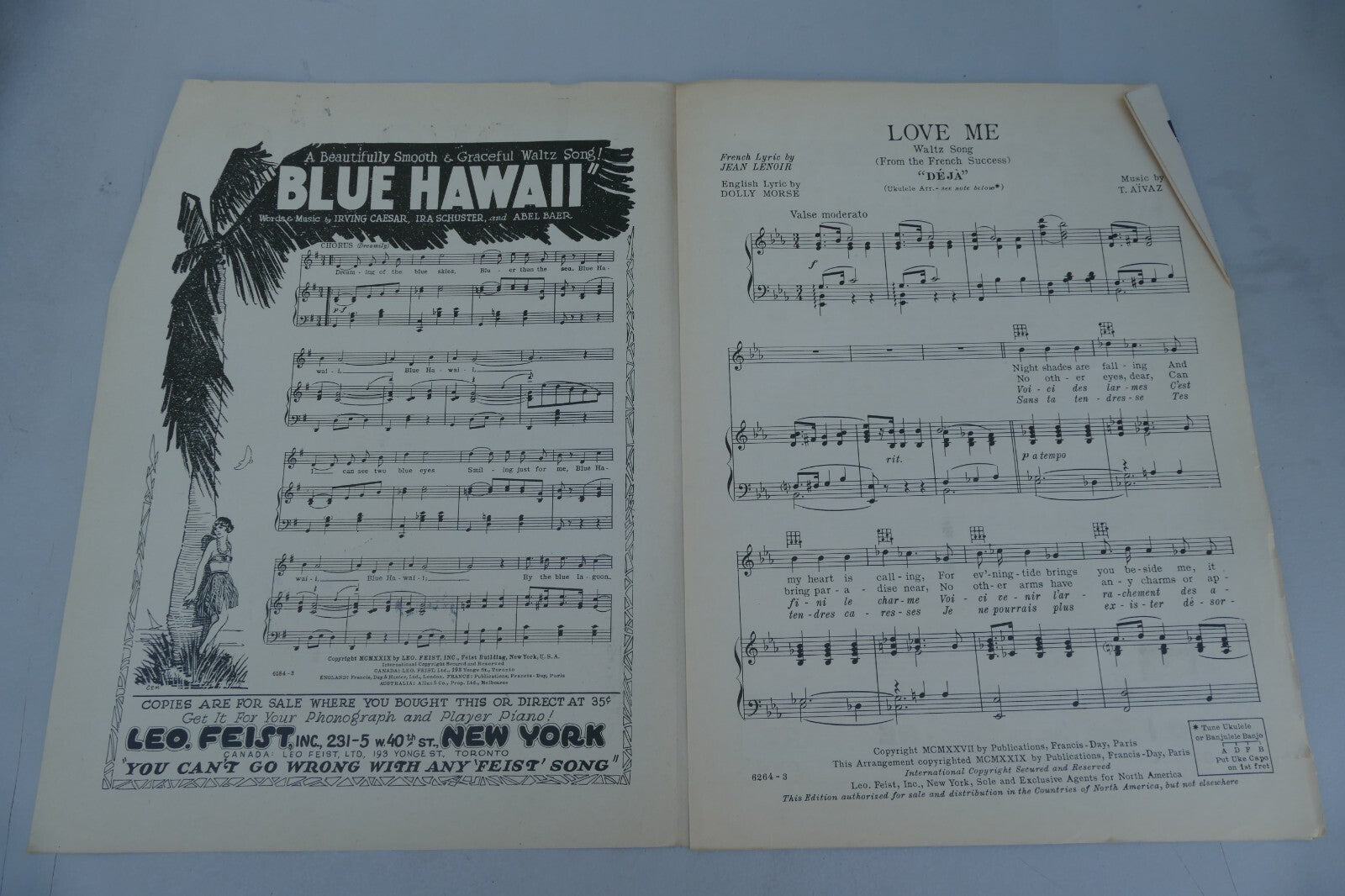 Love Me from French Success Deja by T. Alvaz 1927 by Leo Feist Inc. New York