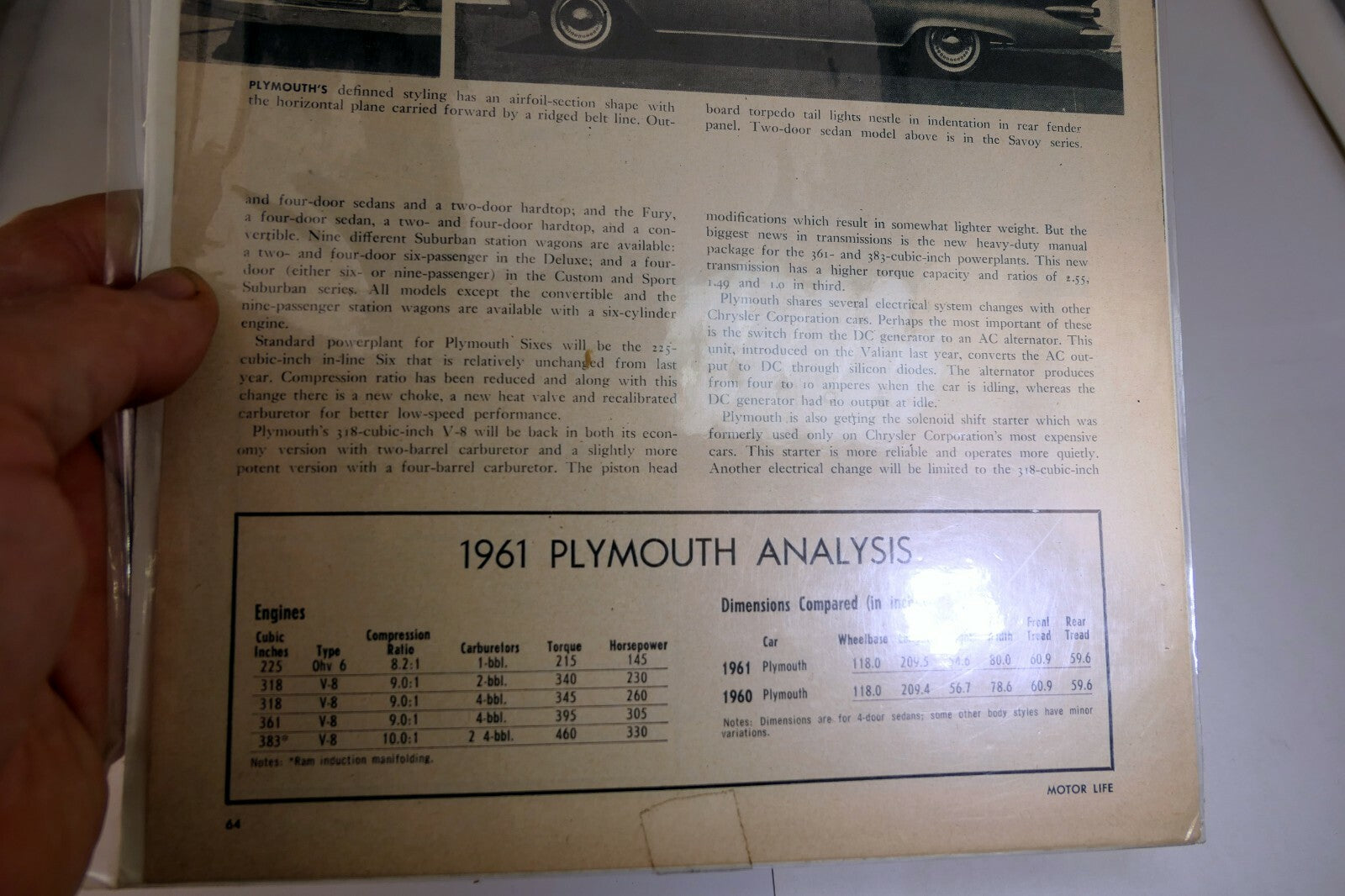 1961 Plymouth V8 383 361 Magazine clippings advertisement Ad
