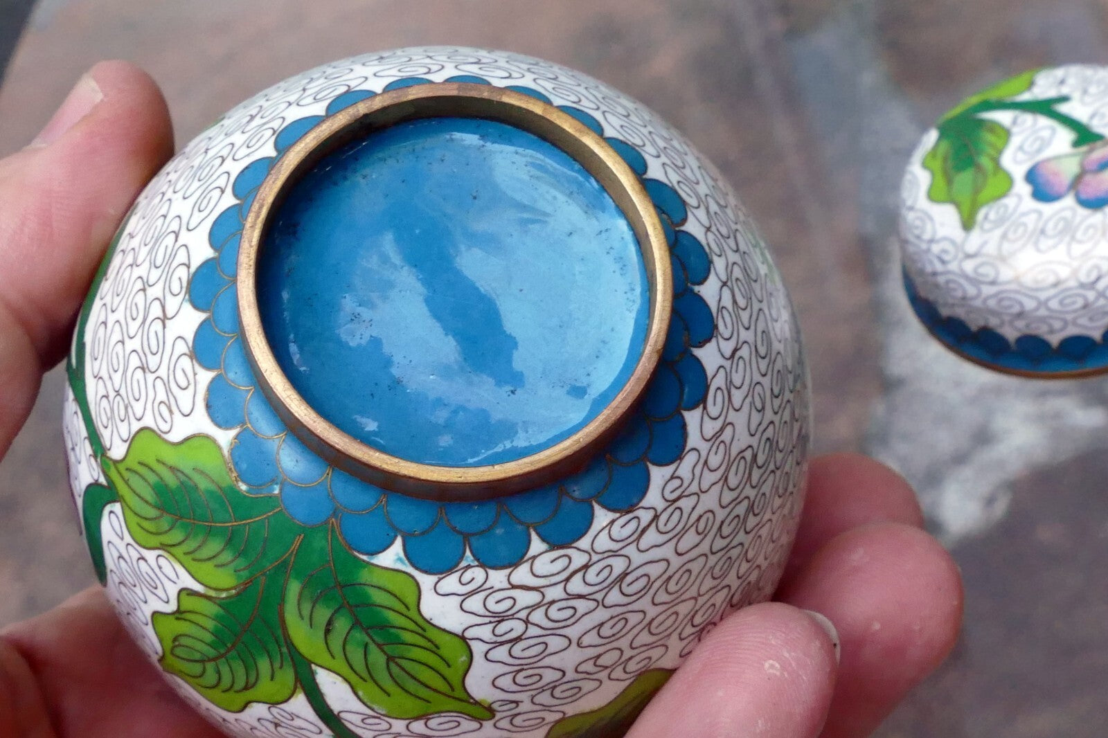 Cloisonne Ginger Jar with top lid enamel brass 3X3.5" small