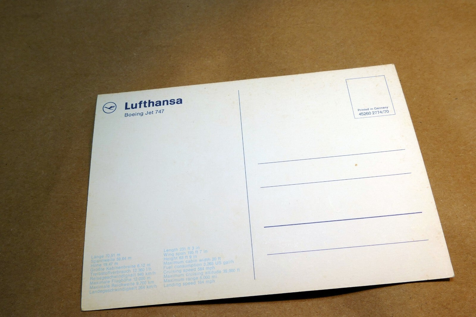 Lufthansa 747 Logo Airlines Airplane Blue Sky flying  Postcard Unposted