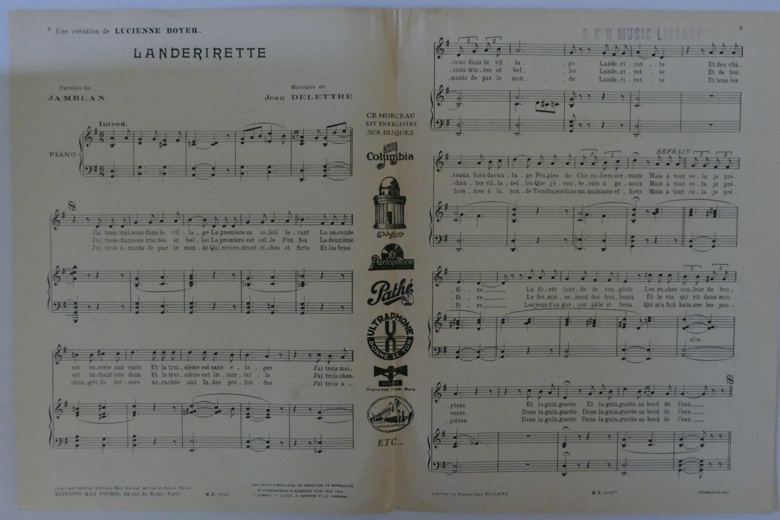 Landerirette, 1932, by Paroles de Jamblan and Jean Delettre, Editions Max Eschig