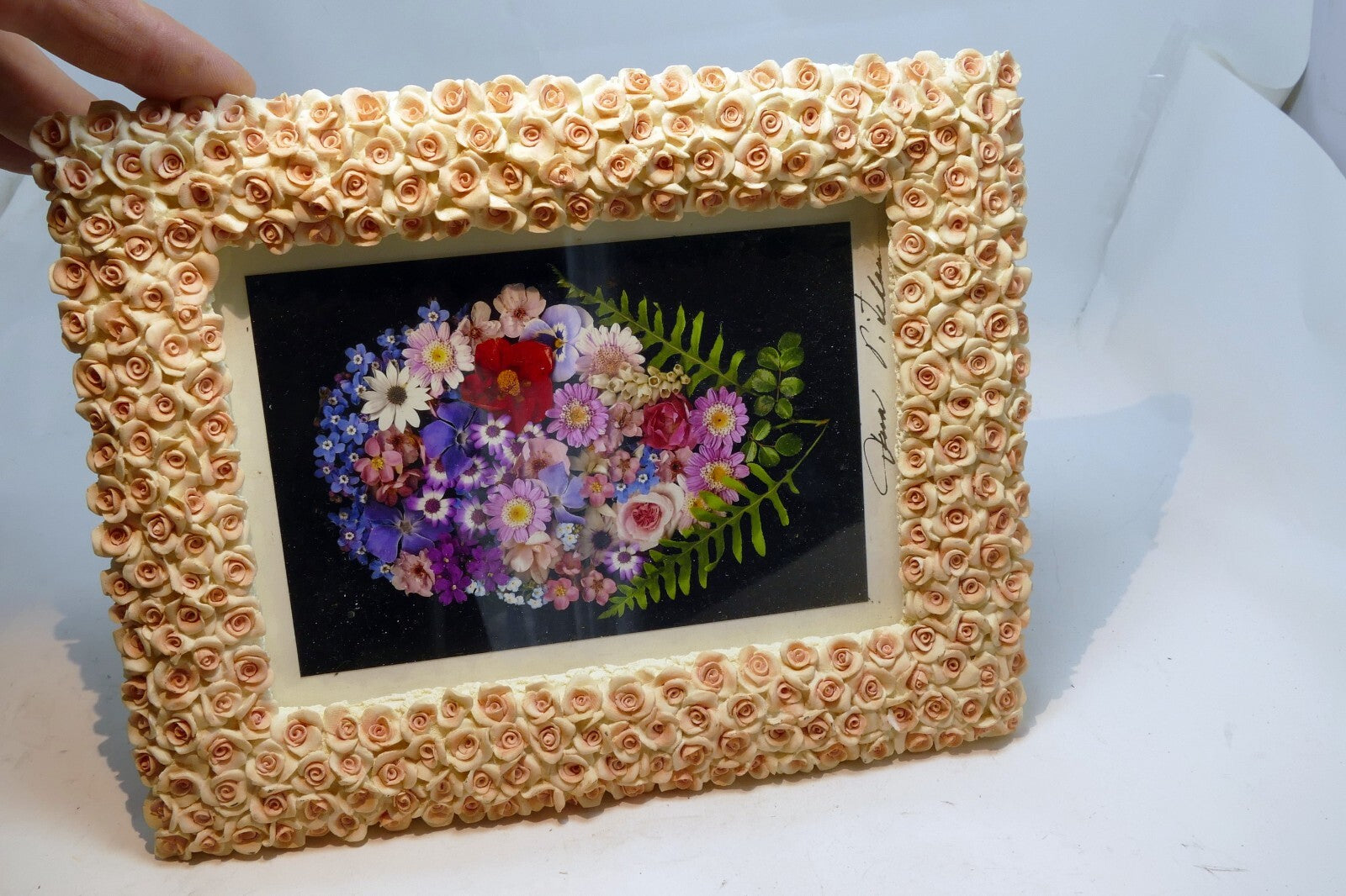7" x 5" Picture Photo Frame Ceramic 3D Gold Rose 🌹🥀 Vintage pink tone