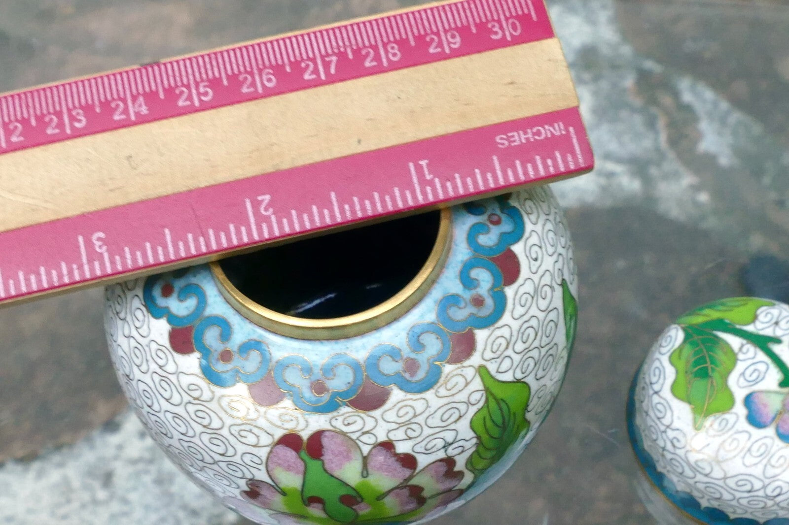 Cloisonne Ginger Jar with top lid enamel brass 3X3.5" small