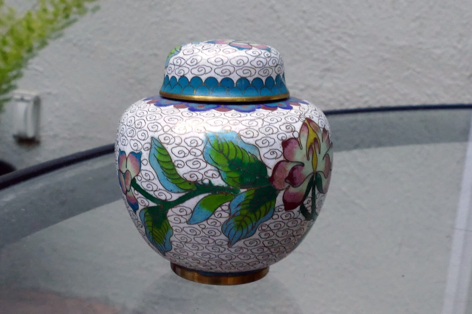Cloisonne Ginger Jar with top lid enamel brass 3X3.5" small