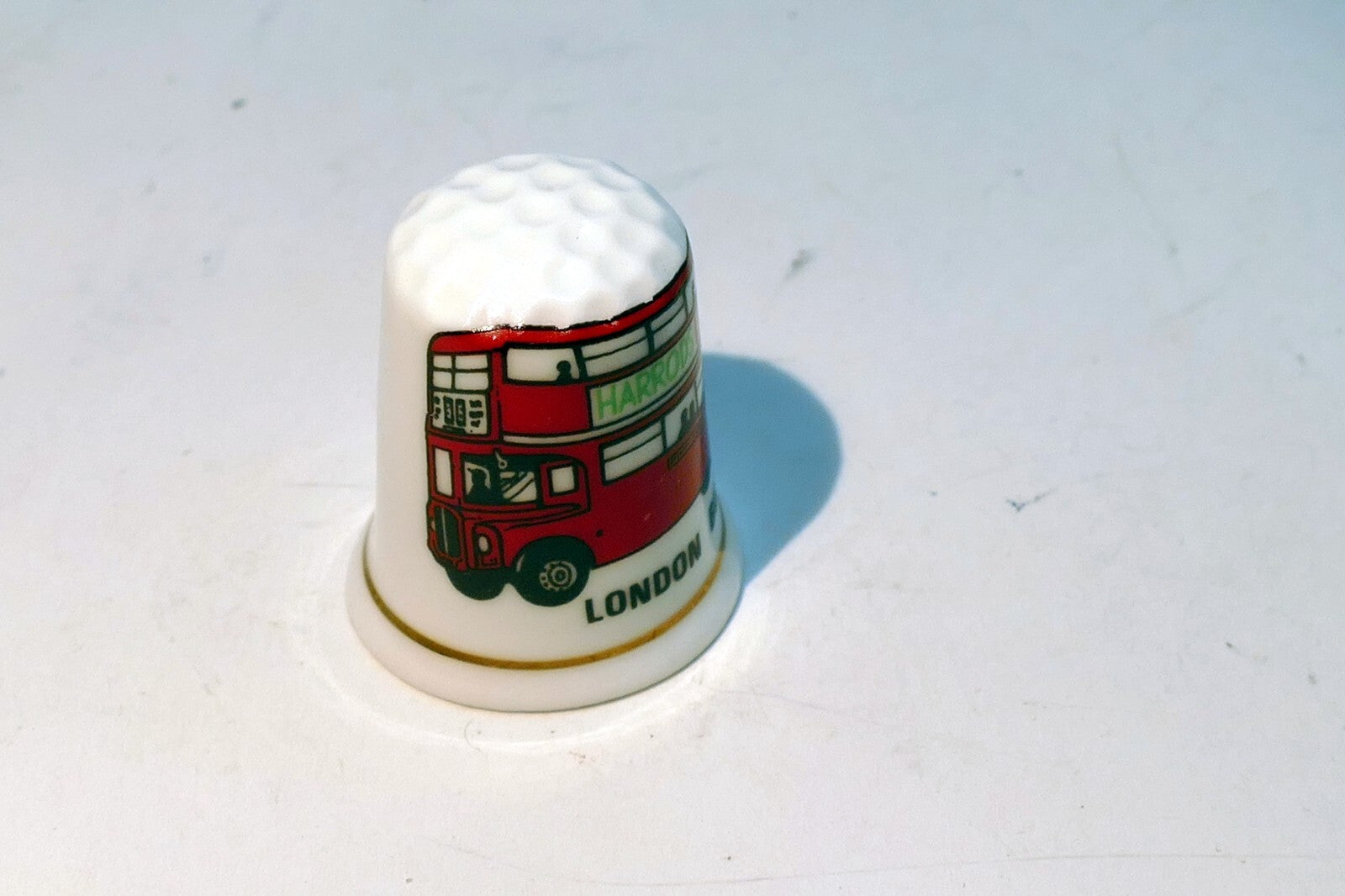 Porcelain Thimble Souvenir  London UK England Bus Red Harrods
