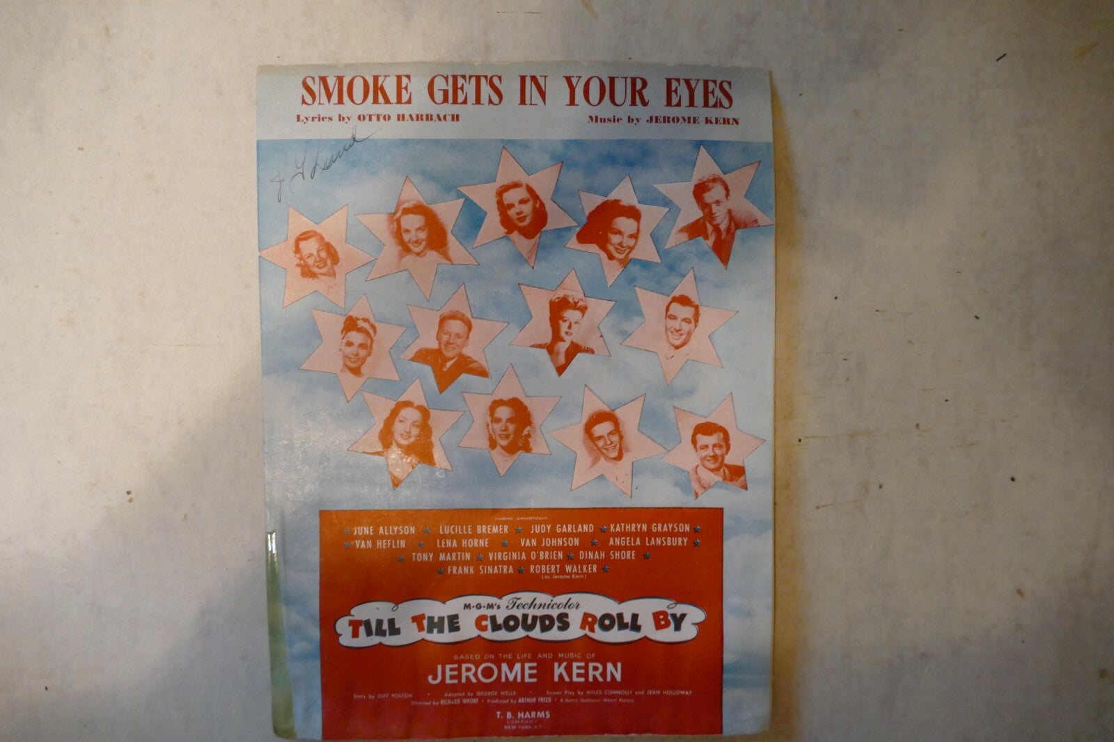 Smoke gets in your eyes, sheet music 1925, "till the clouds roll by", jerome kern and others