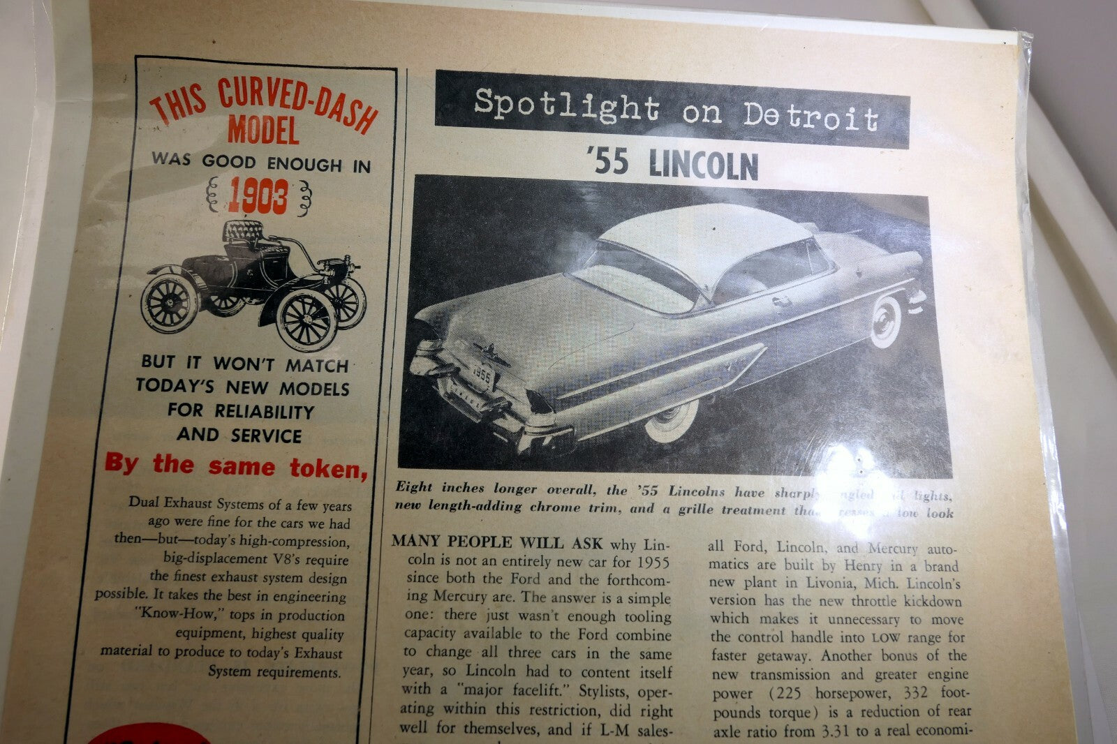 Lincoln 1955 magazine clippings advertisement "spotlight on detroit" vintage
