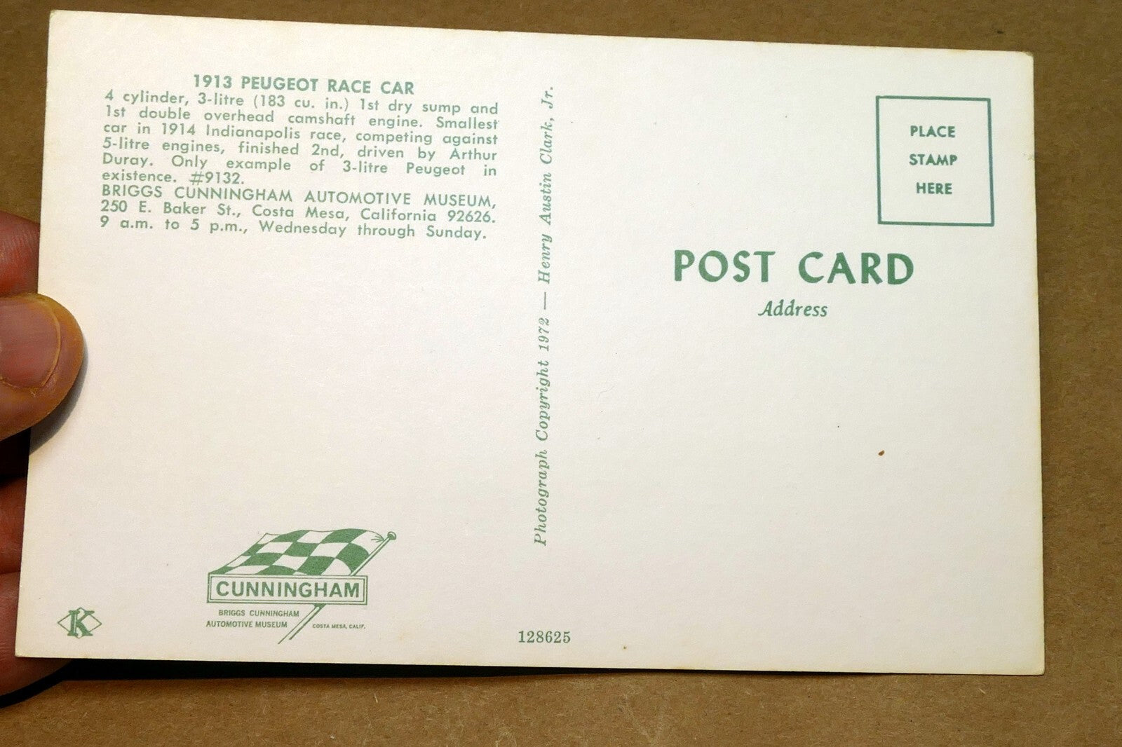 Unposted Postcard 1913 Peugeot Race Car from Briggs Museum 1972