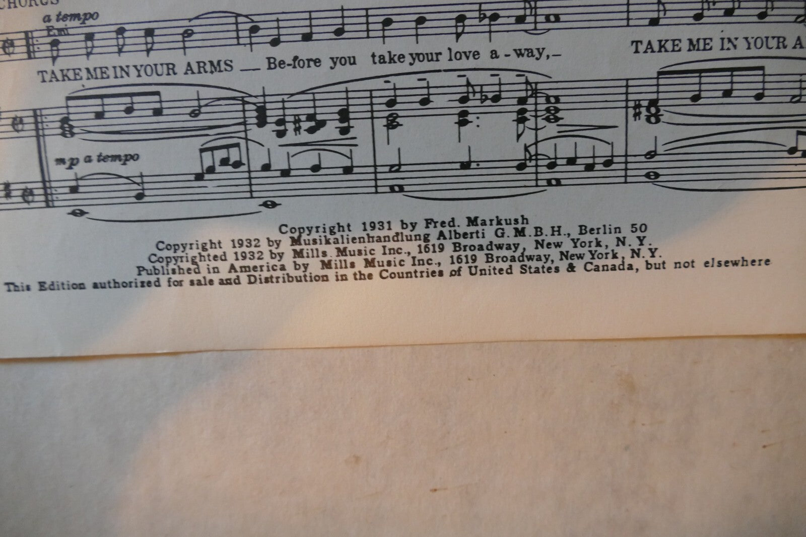 Take Me In Your Arms 1932, by Mitchell Parish and Fred Markush, Mills Music Inc.
