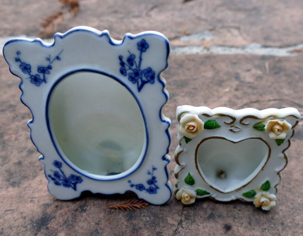 3x4" andrea by sadek porcelain photo frame w/ flowers floral design blue vintage