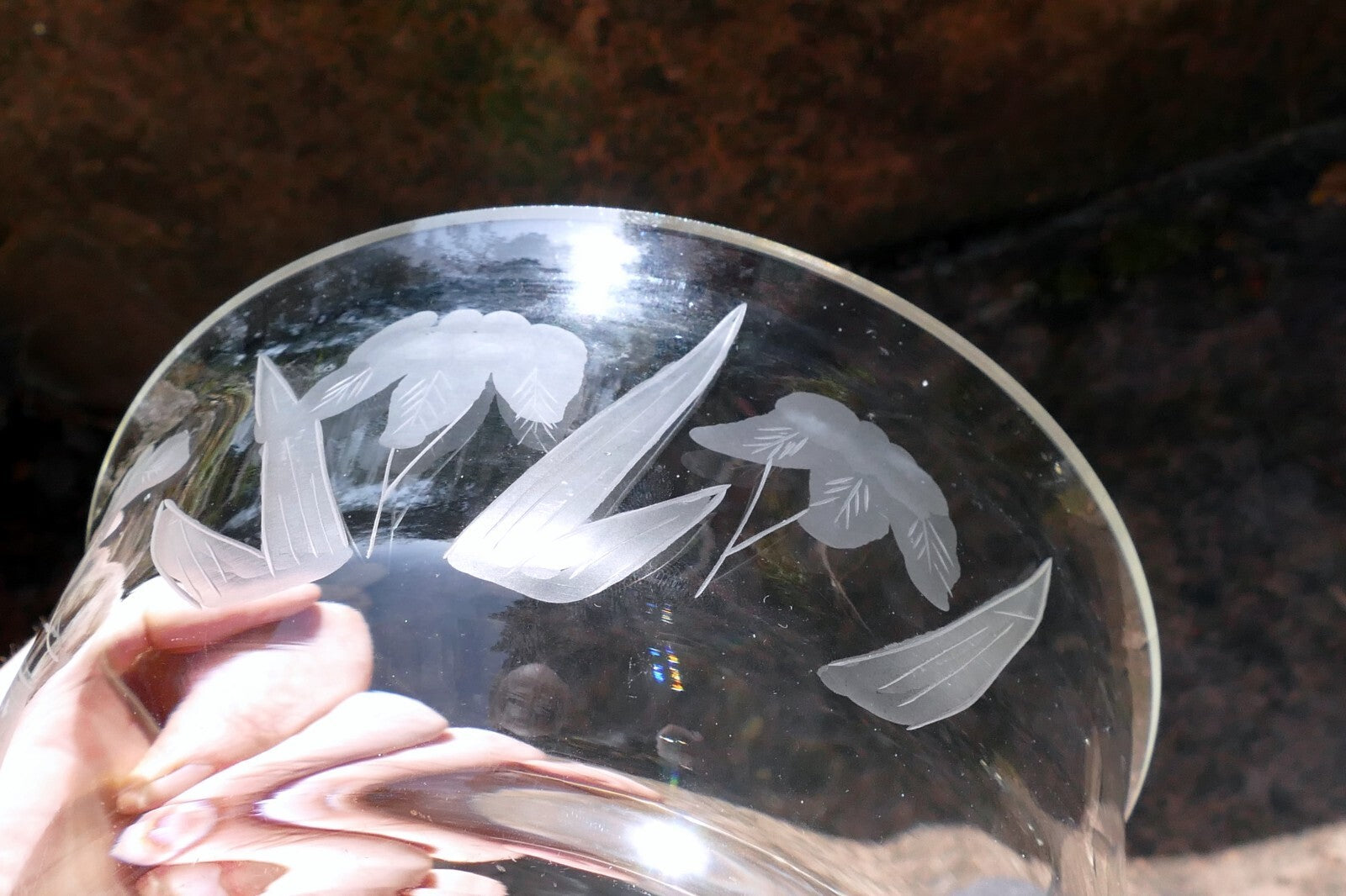Glass Bowl Crystal Clear  Lilies Etched Frosted 6.5" Flowal Design Depression