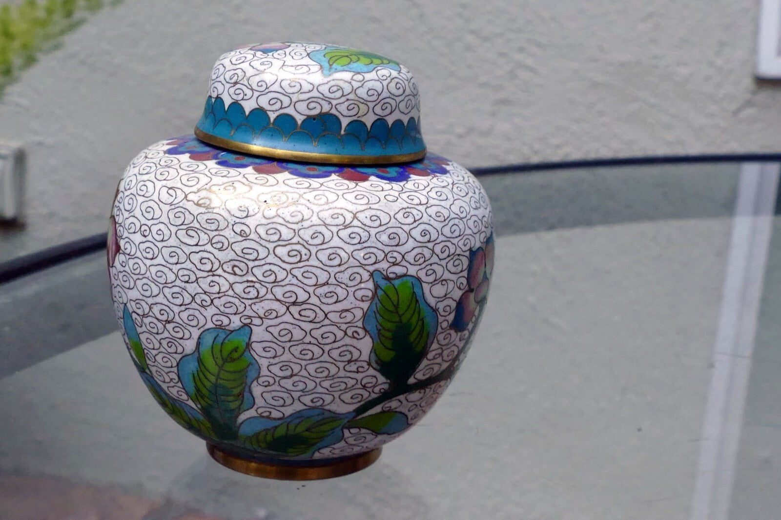 Cloisonne Ginger Jar with top lid enamel brass 3X3.5" small