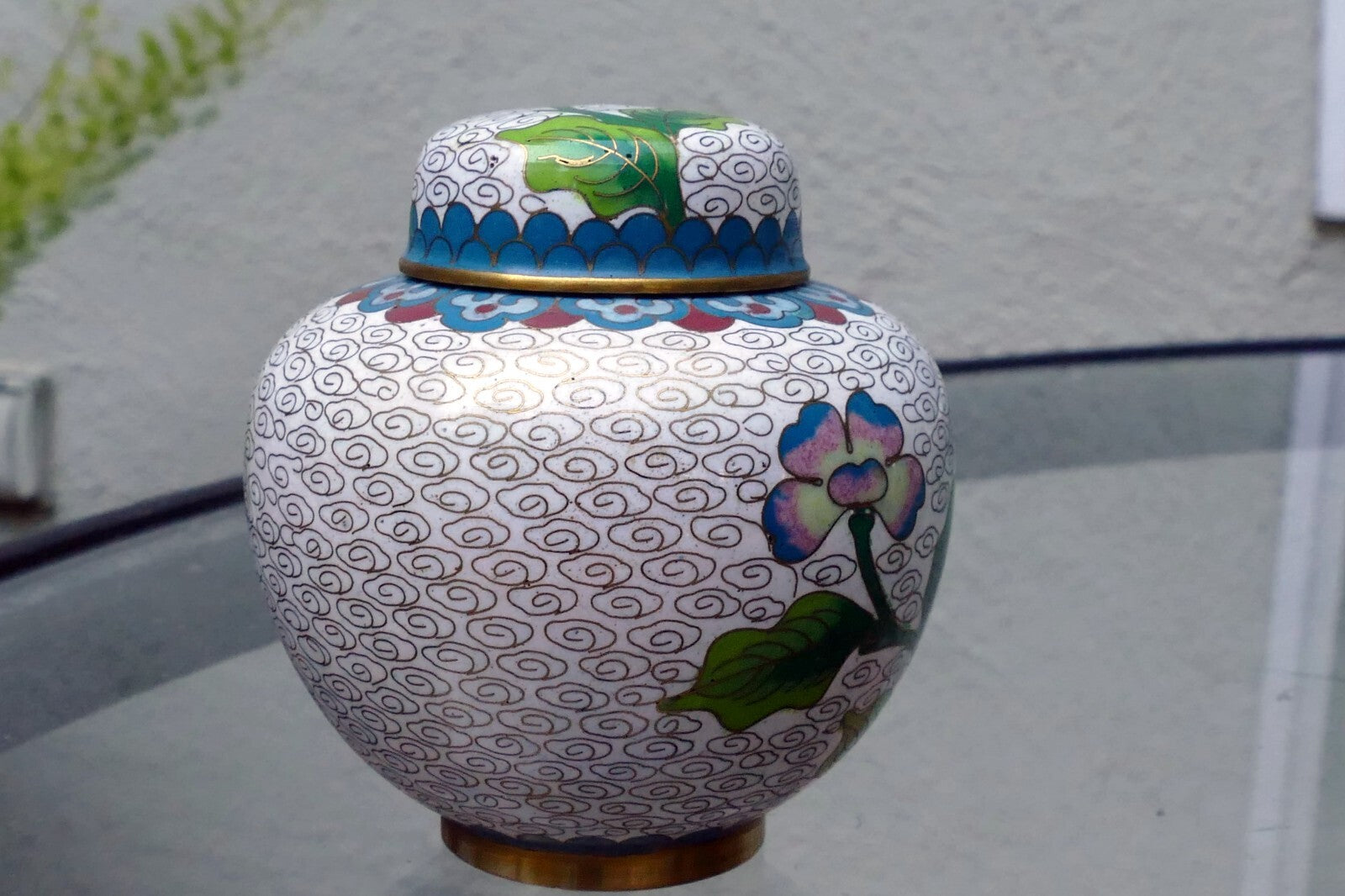 Cloisonne Ginger Jar with top lid enamel brass 3X3.5" small
