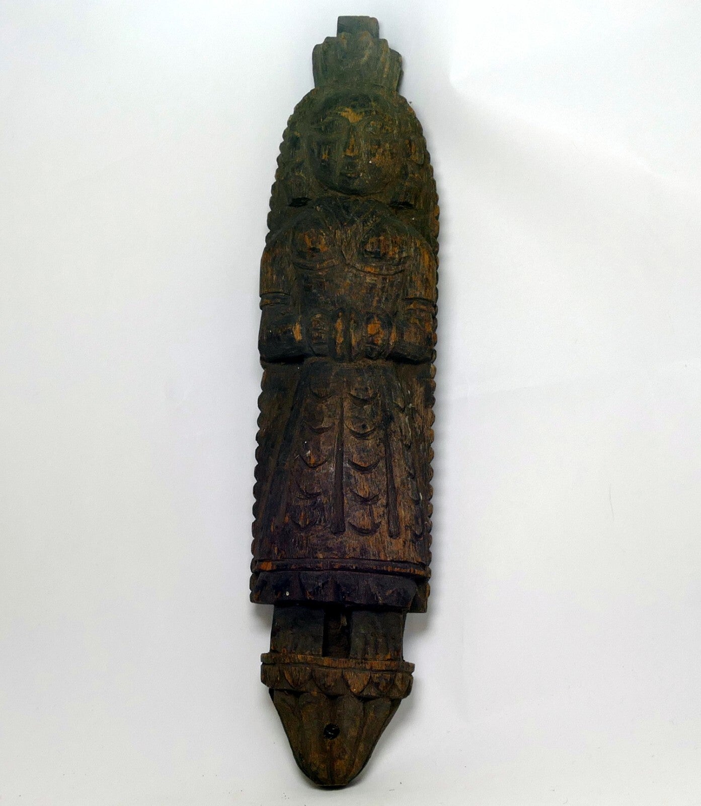 Antique vintage wooden hand carved figurine statue of woman south asia