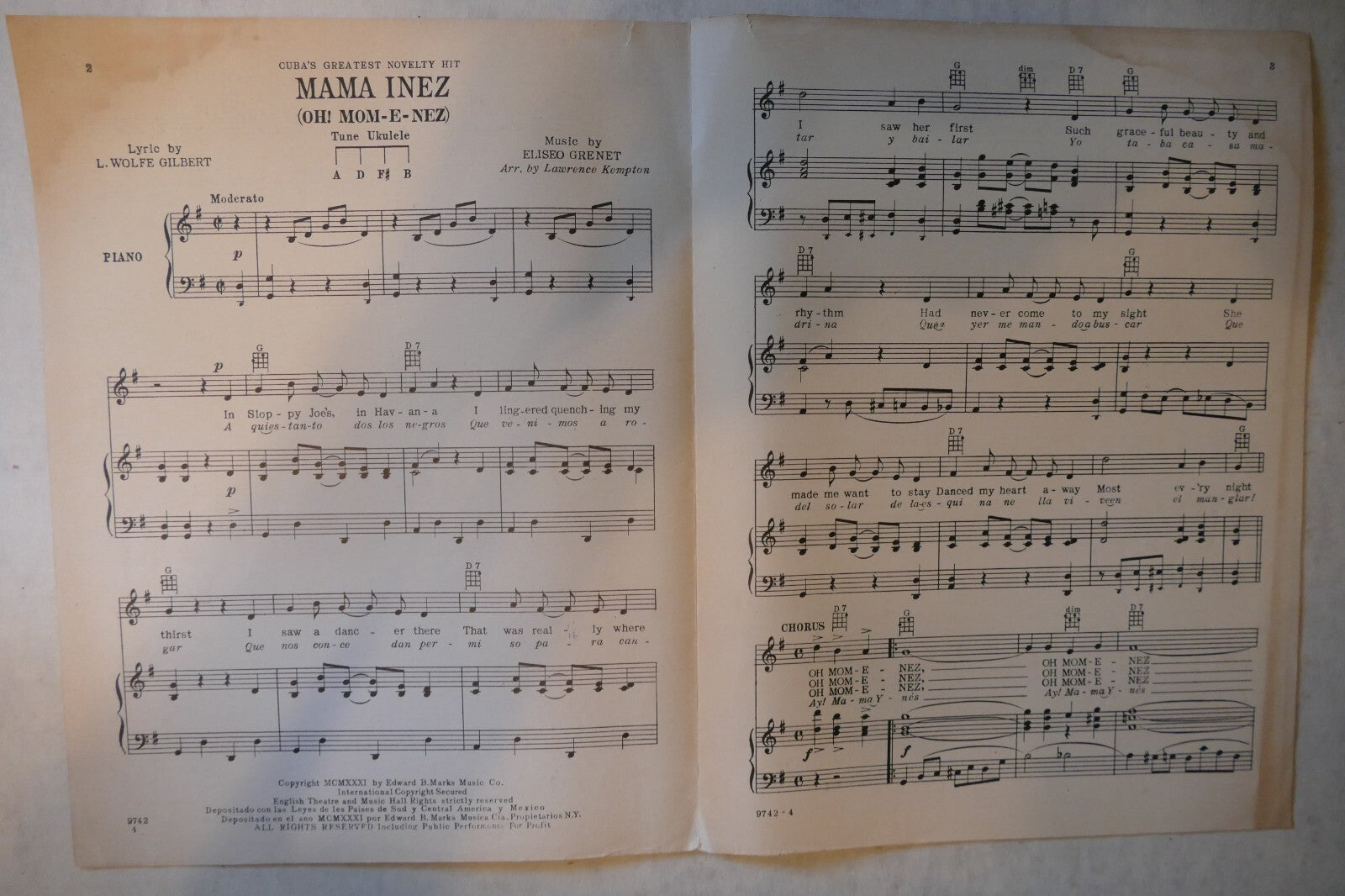 Mama Inez, 1931, by L. Wolfe Gilbert and Eliseo Grenet, Edward B. Marks Music Co