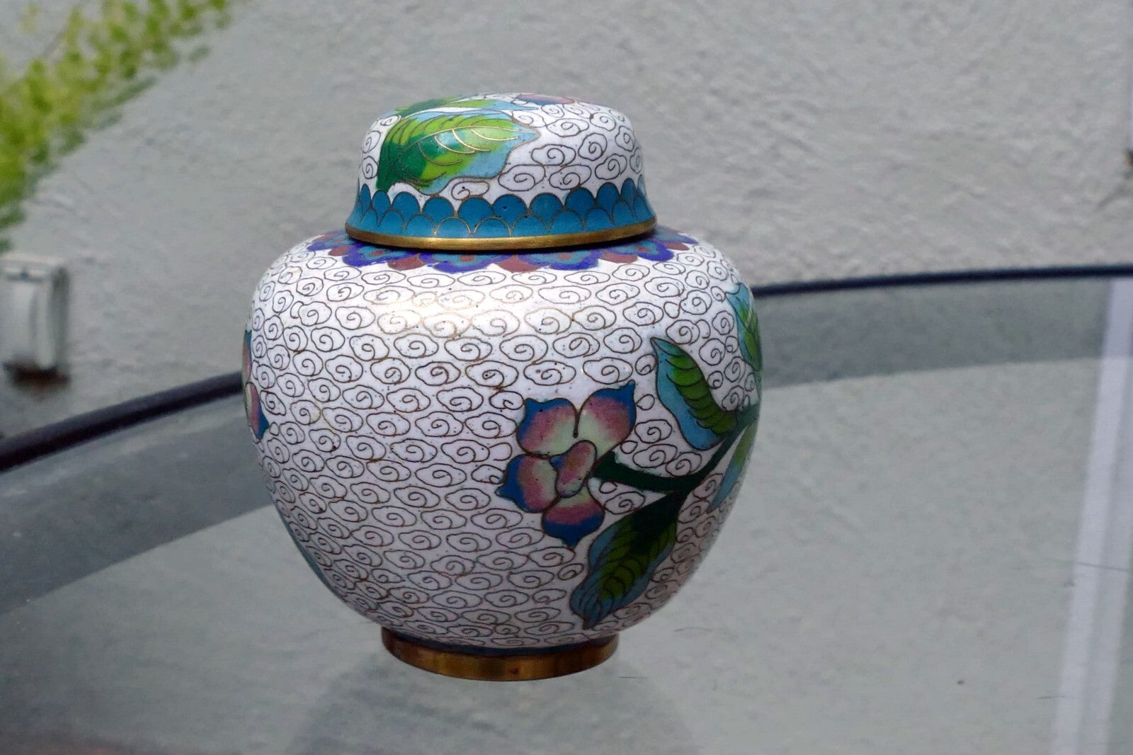 Cloisonne Ginger Jar with top lid enamel brass 3X3.5" small
