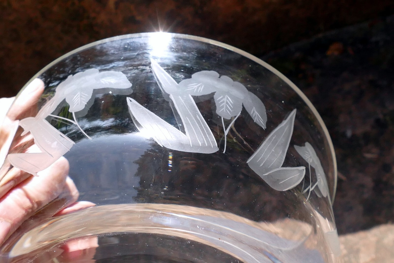 Glass Bowl Crystal Clear  Lilies Etched Frosted 6.5" Flowal Design Depression