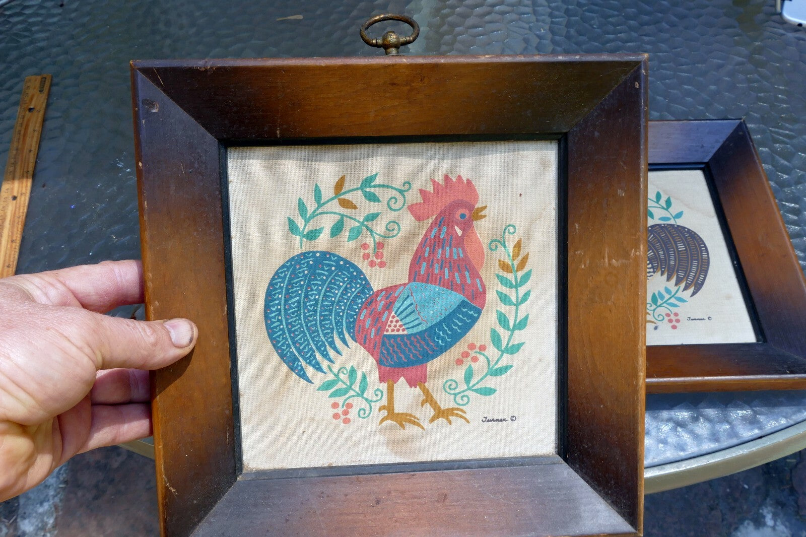 Set of two Rooster On Cloth Wood Framed Turner Co 1970 Home decor picture bird