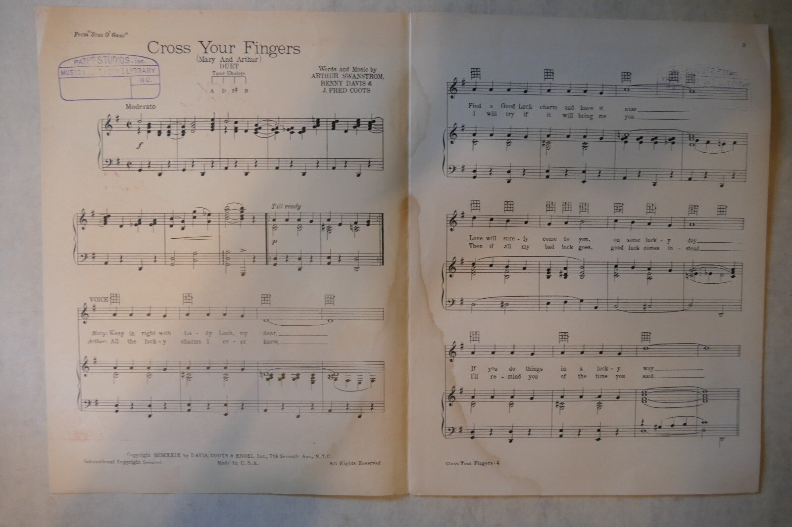 Cross Your Fingers 1929, Sons O' Guns, Arthur Swanstrom, Benny Davis, Fred Coots