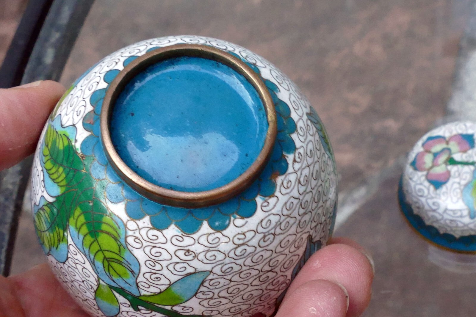 Cloisonne Ginger Jar with top lid enamel brass 3X3.5" small