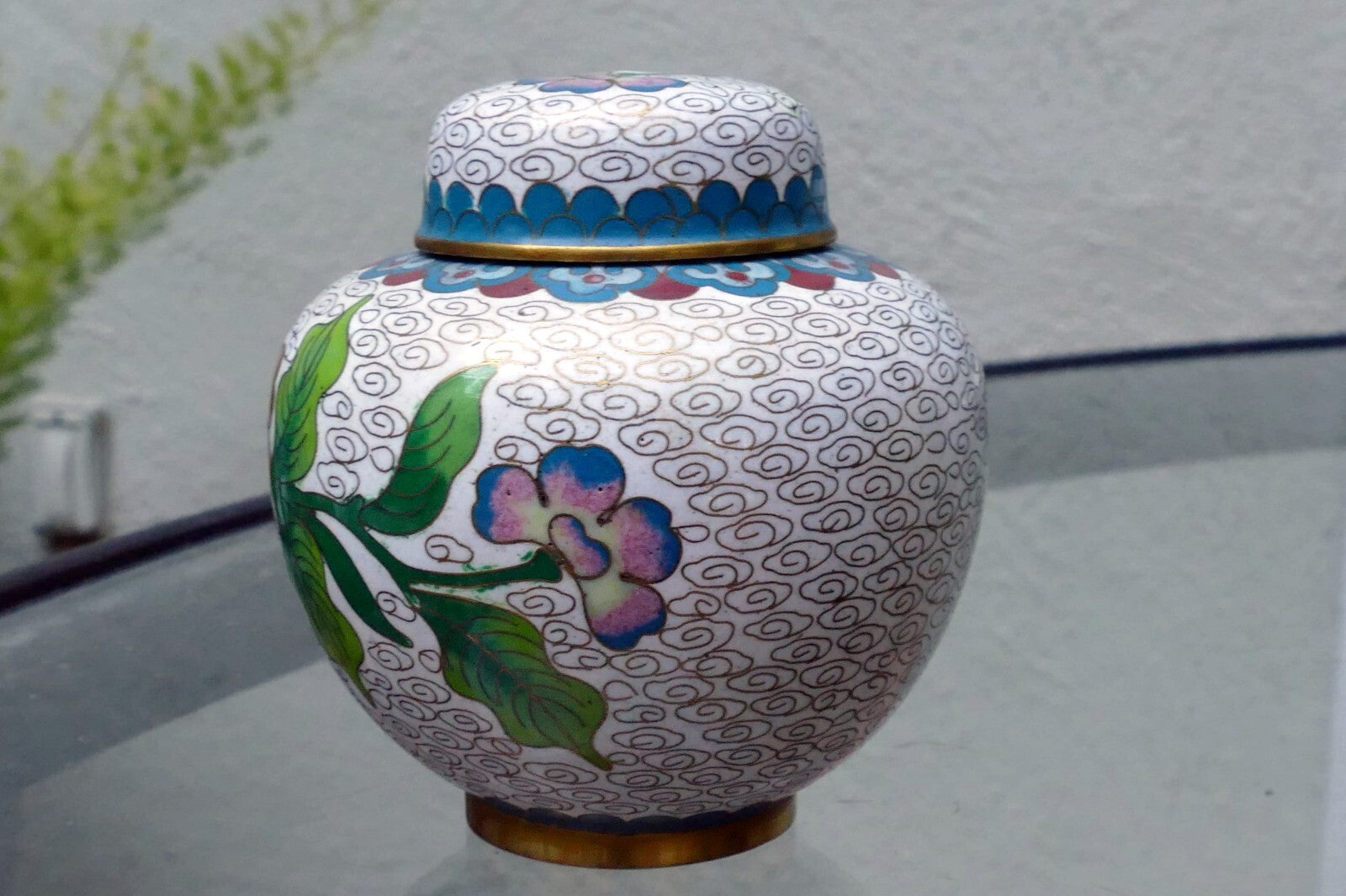 Cloisonne Ginger Jar with top lid enamel brass 3X3.5" small