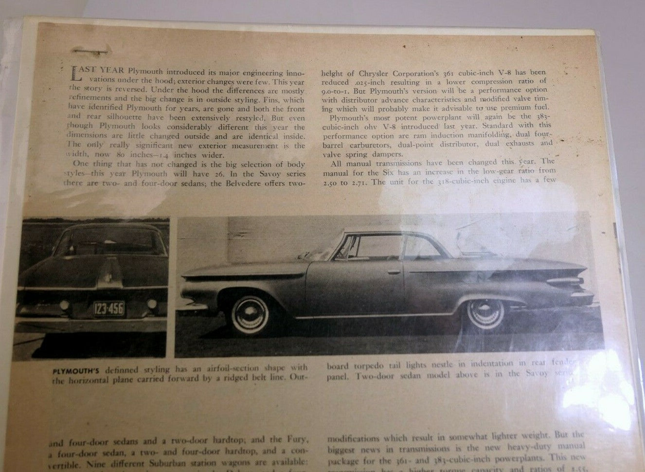 1961 plymouth v8 383 361 magazine clippings advertisement ad