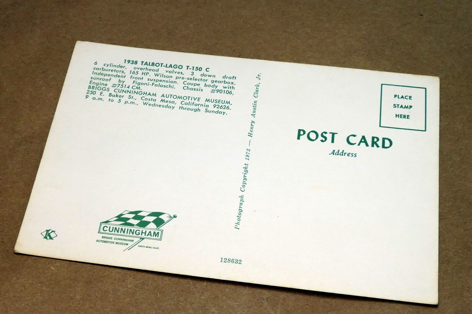 Unposted Postcard 1938 Talbot-Lago T-150 C Car from Briggs Museum 1972
