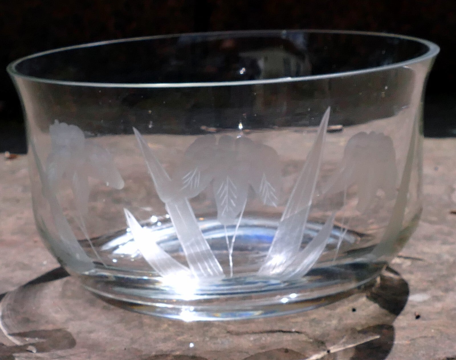 Glass Bowl Crystal Clear  Lilies Etched Frosted 6.5" Flowal Design Depression