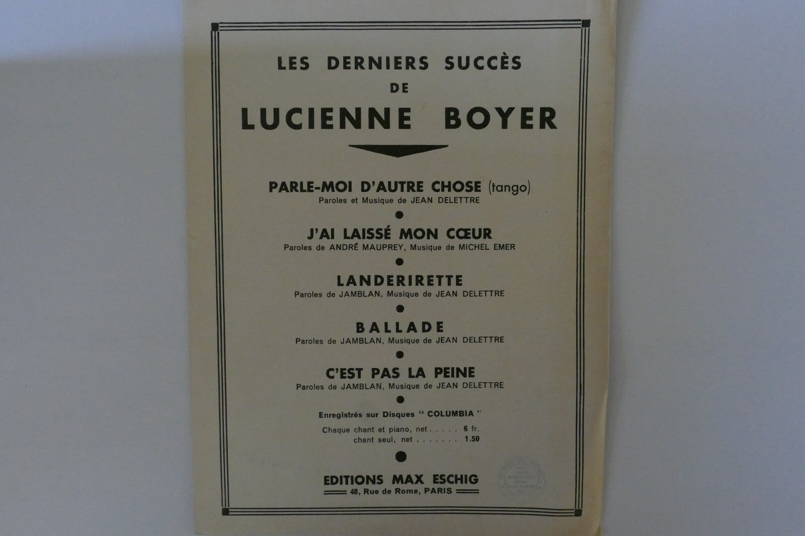 Landerirette, 1932, by Paroles de Jamblan and Jean Delettre, Editions Max Eschig