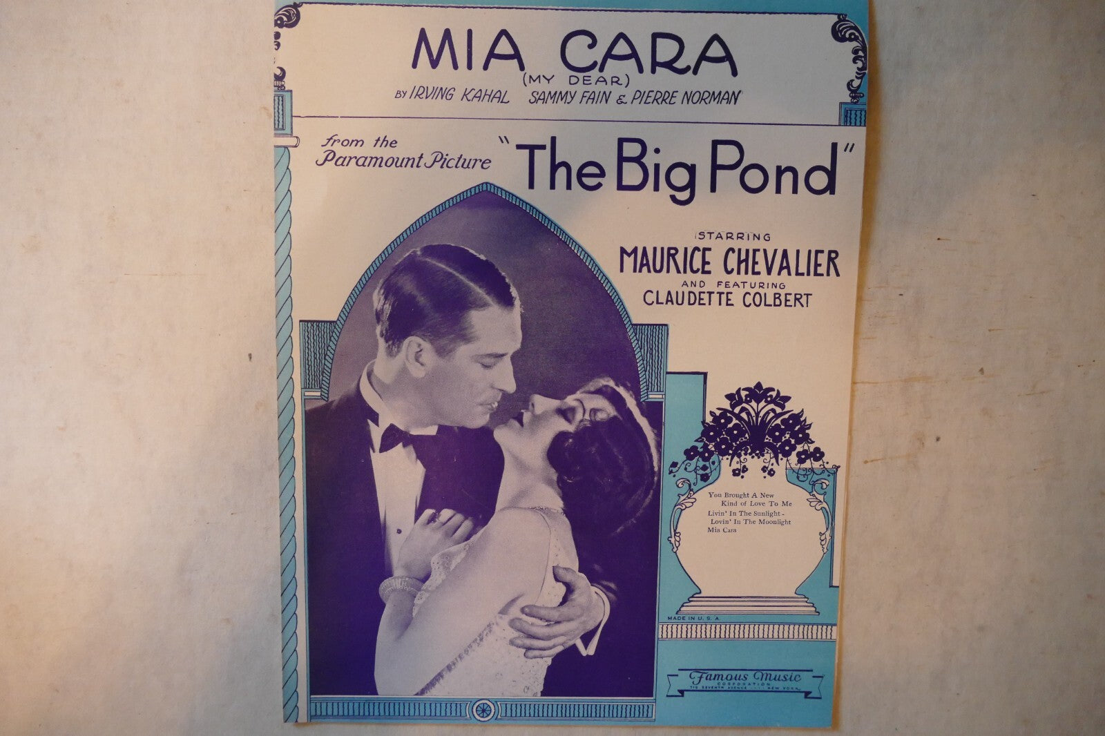 Mia cara, sheet music 1930, from "the big pond", by irving kahal, sammy fain & pierre norman