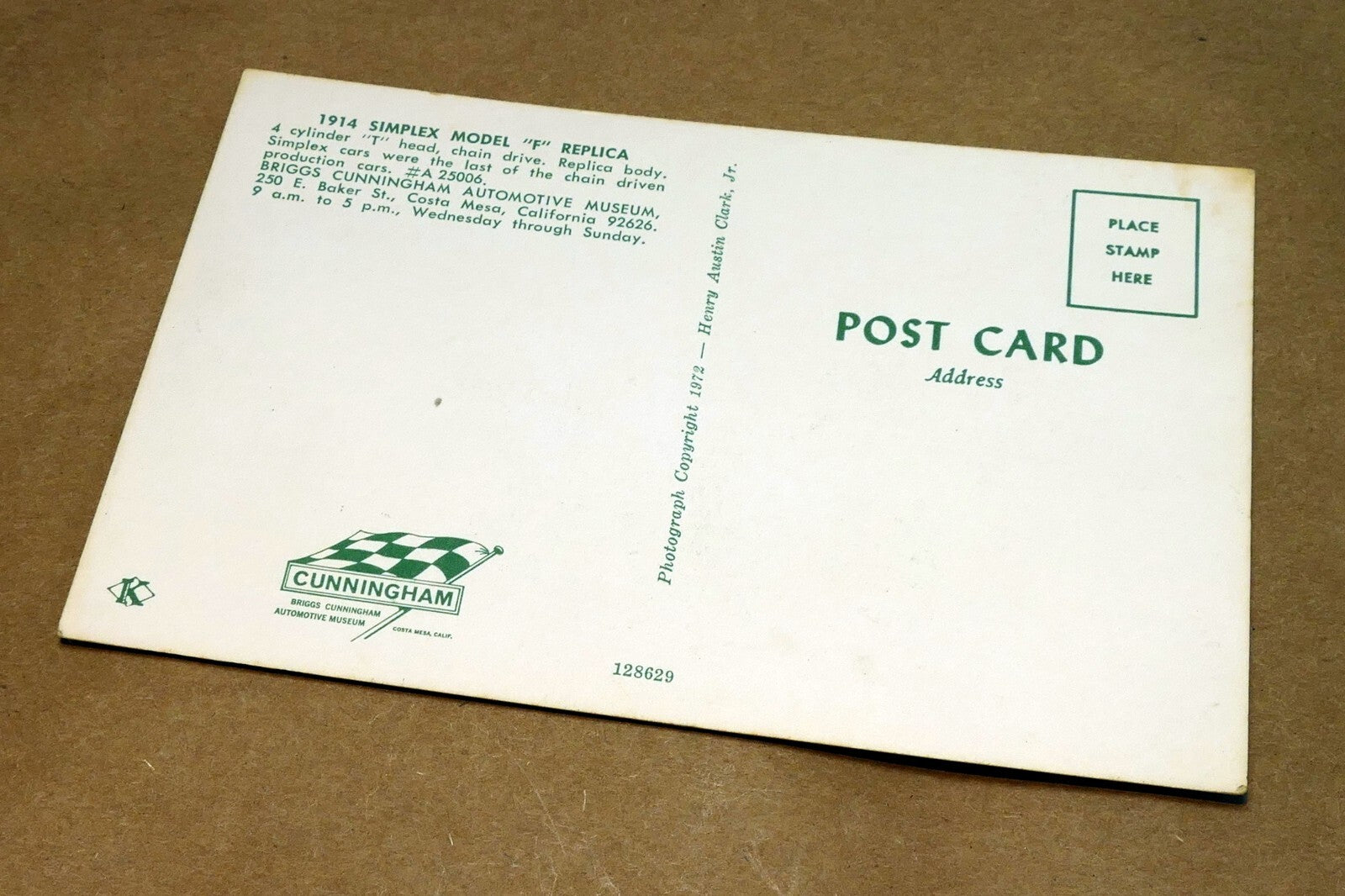 Unposted Postcard 1914 Simplex Model "F" Replica Car from Briggs Museum 1972
