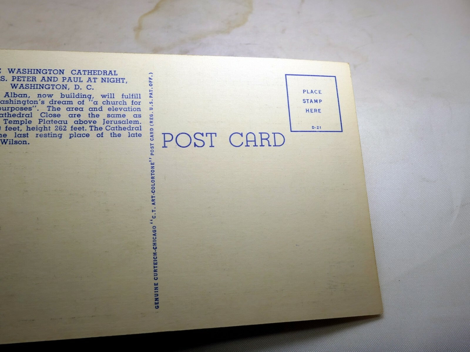 Post Card Washington cathedral of Peter And Paul at Night Linen 1940's 130 DC