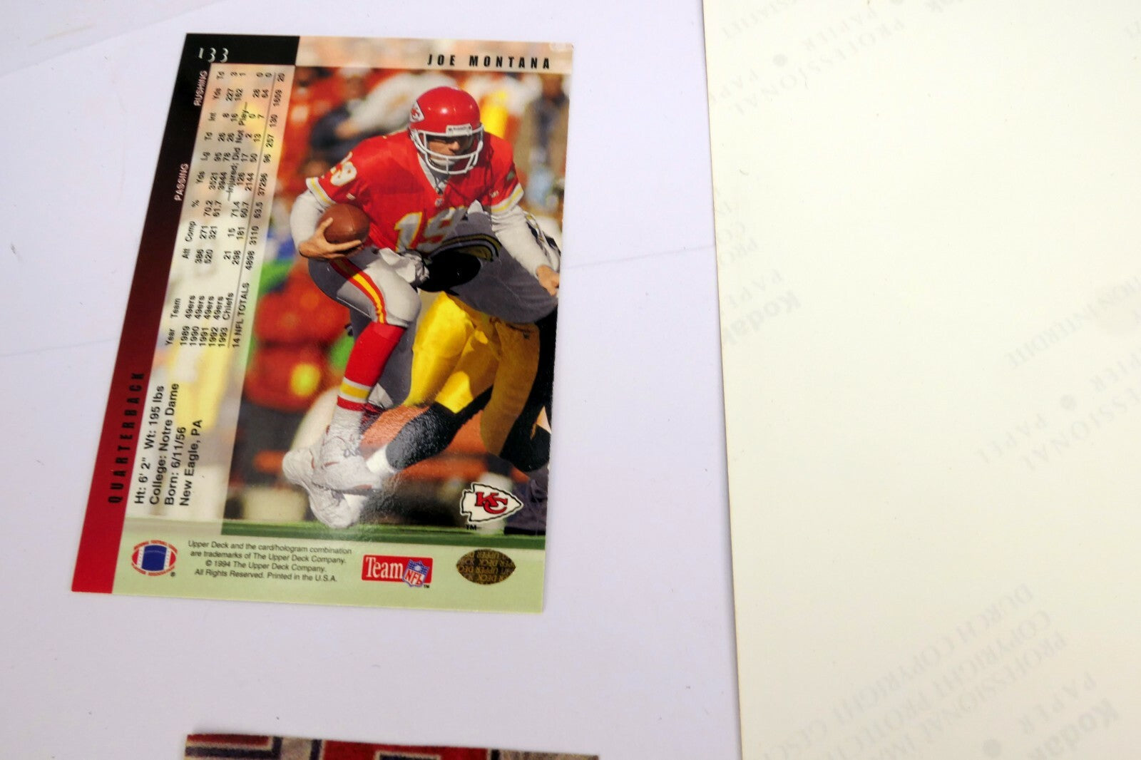 1994 JOE MONTANA - Upper Deck Football Card # 133- w/ Picture 8X11"