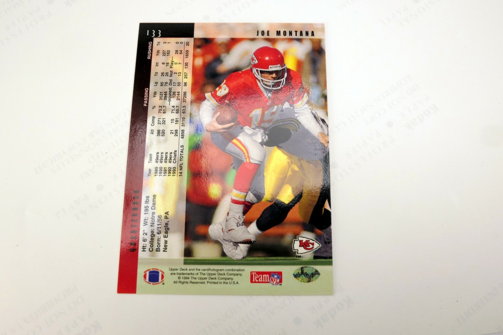 1994 JOE MONTANA - Upper Deck Football Card # 133- w/ Picture 8X11"