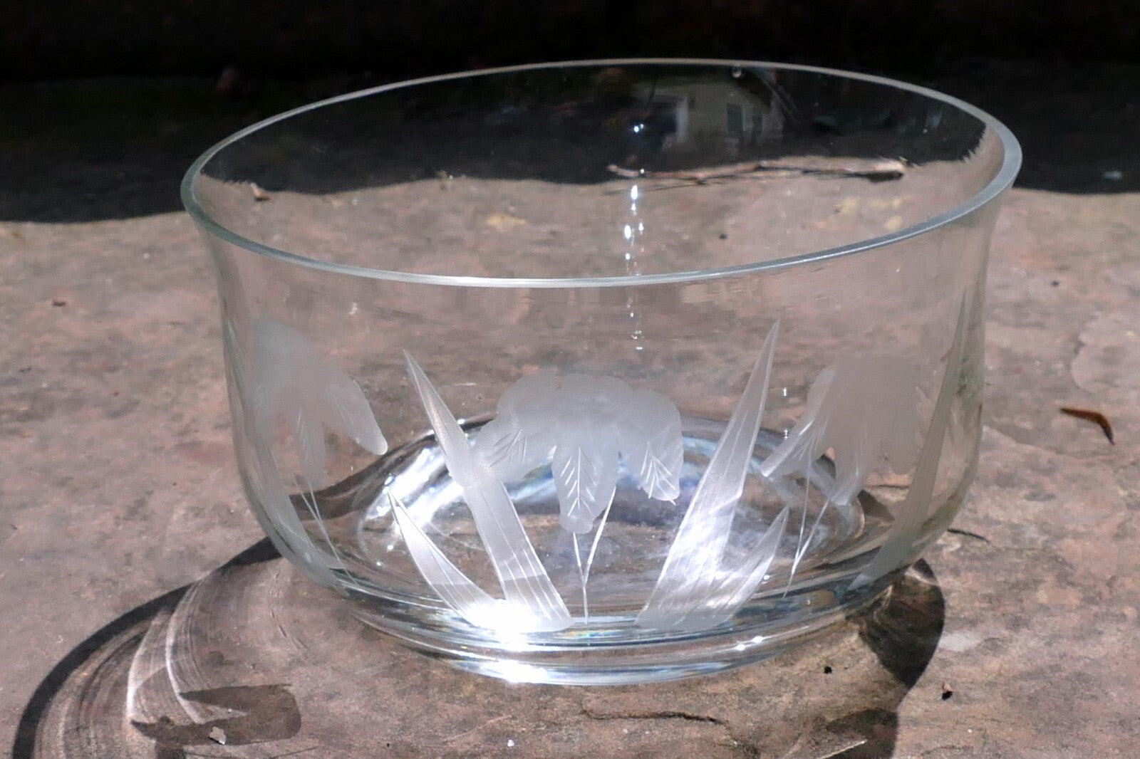 Glass Bowl Crystal Clear  Lilies Etched Frosted 6.5" Flowal Design Depression