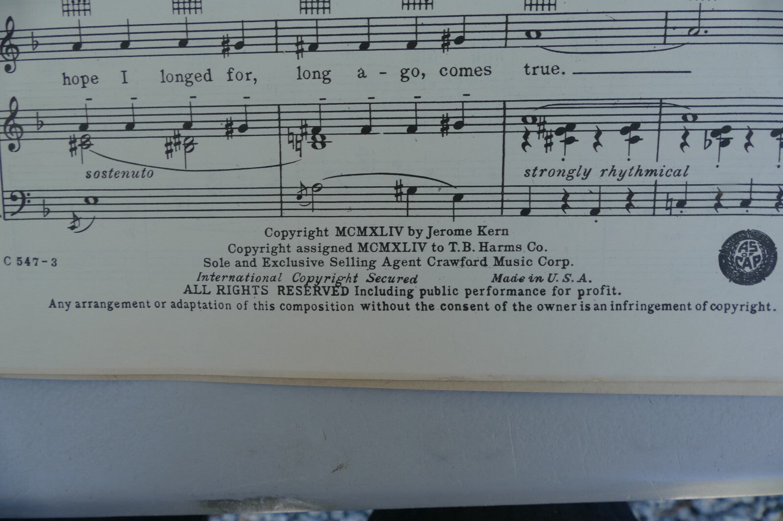 Long Ago from the "Cover Girl'' 1944 movie by Jerome Kern Crawford Music Corp.