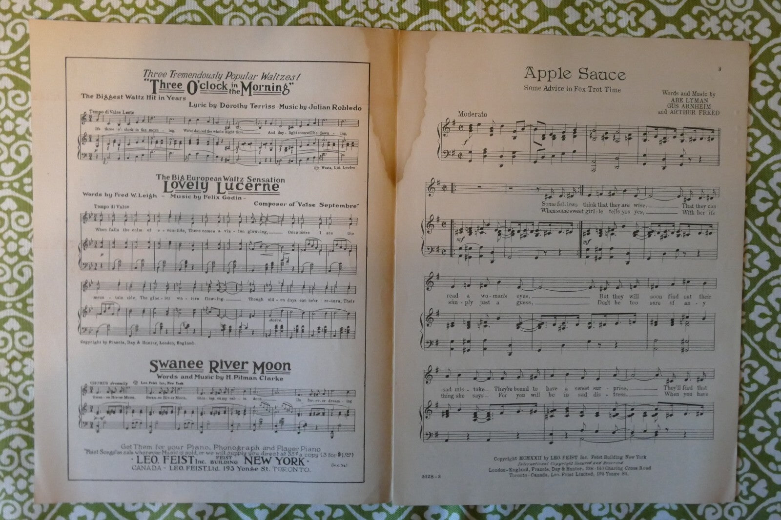 Apple Sauce, 1922, by Abe Lyman, Gus Arnheim and Arthur Freed, Leo. Feist Inc.