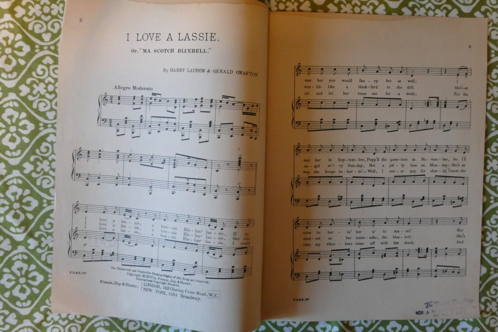 I Love a Lassie, 1906, by Harry Lauder and Gerald Grafton, Francis, Day & Hunter