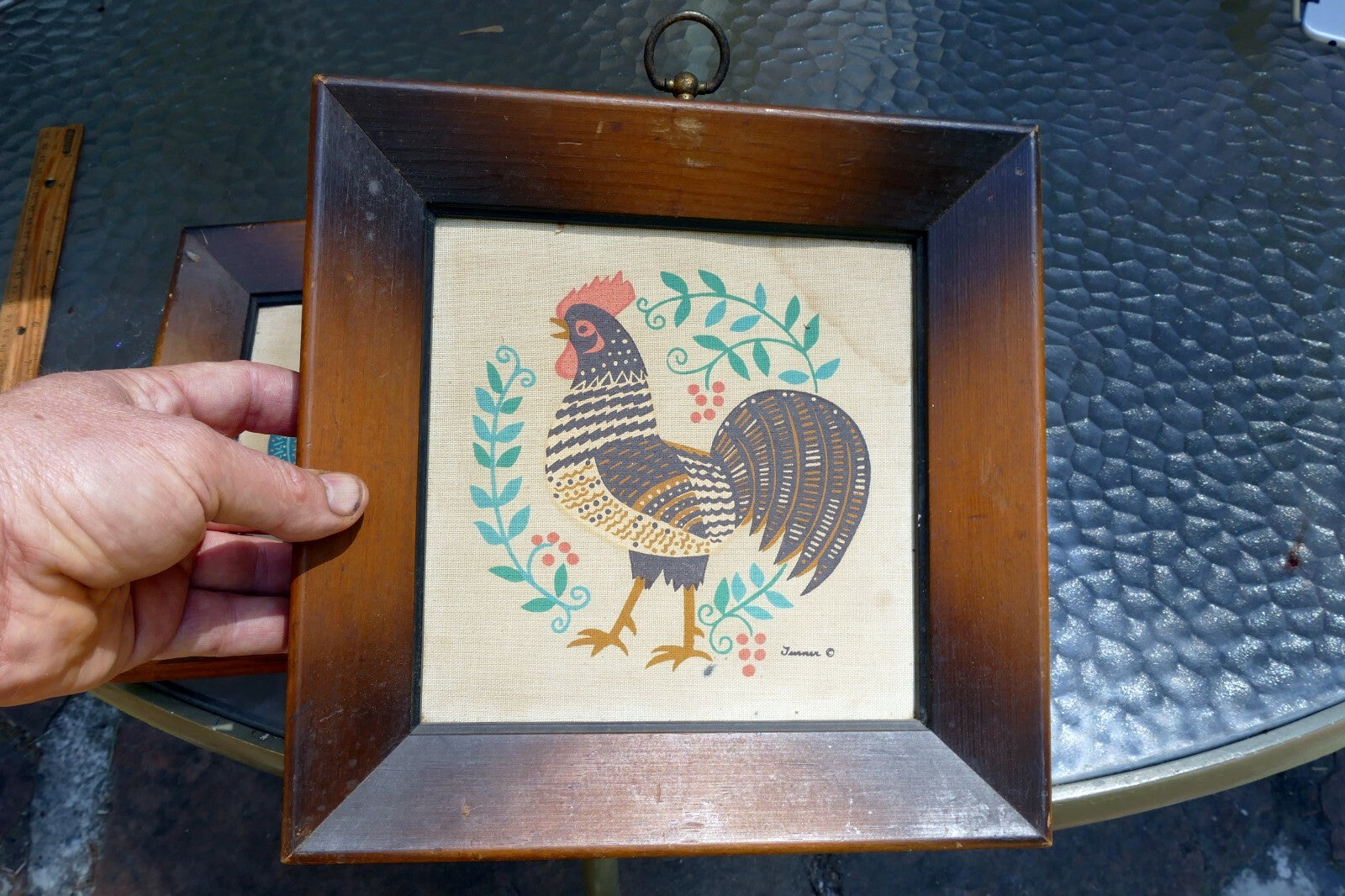 Set of two Rooster On Cloth Wood Framed Turner Co 1970 Home decor picture bird
