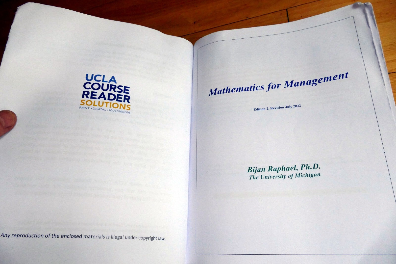 MGMT X110 - Mathematics for Management, Edition 2 by Bijan Raphael for UCLA