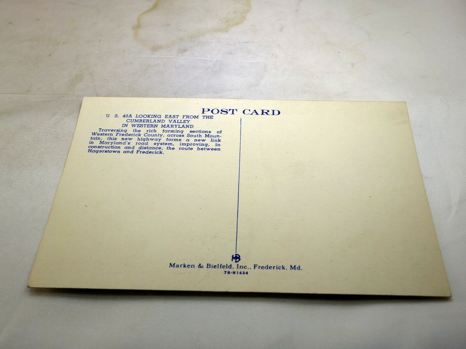 Post Card 1940's Lookout East Cumberland Valley Western Maryland