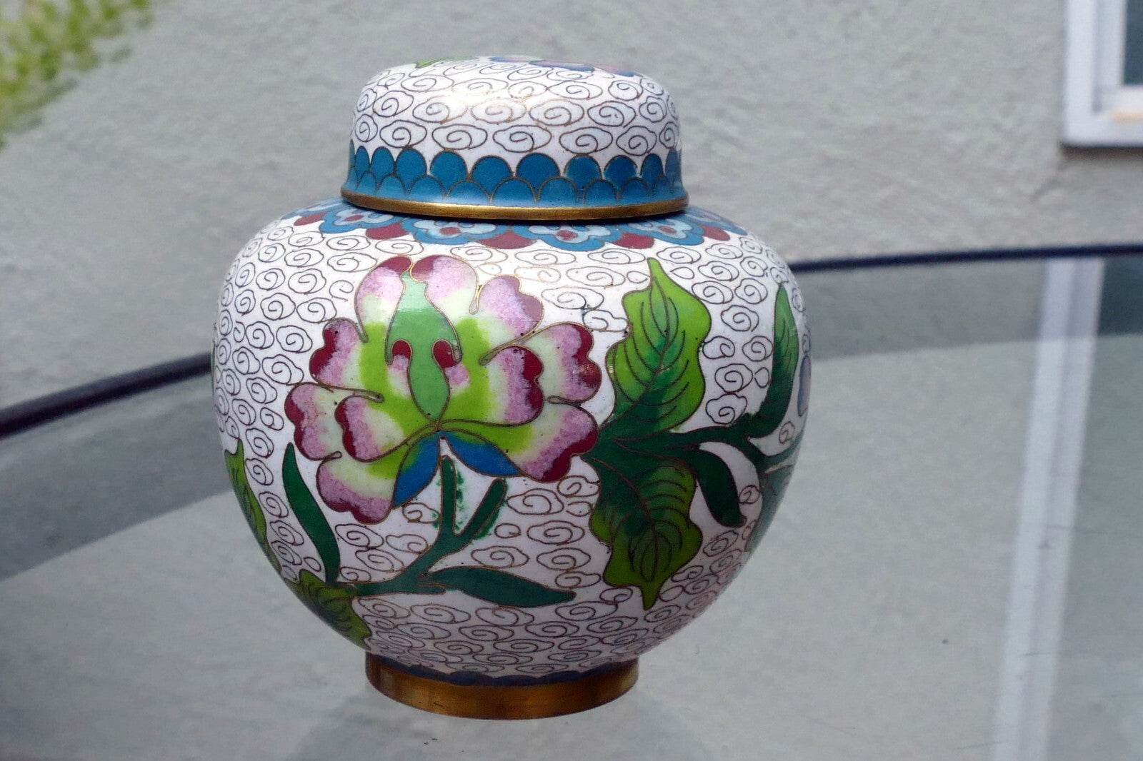 Cloisonne Ginger Jar with top lid enamel brass 3X3.5" small