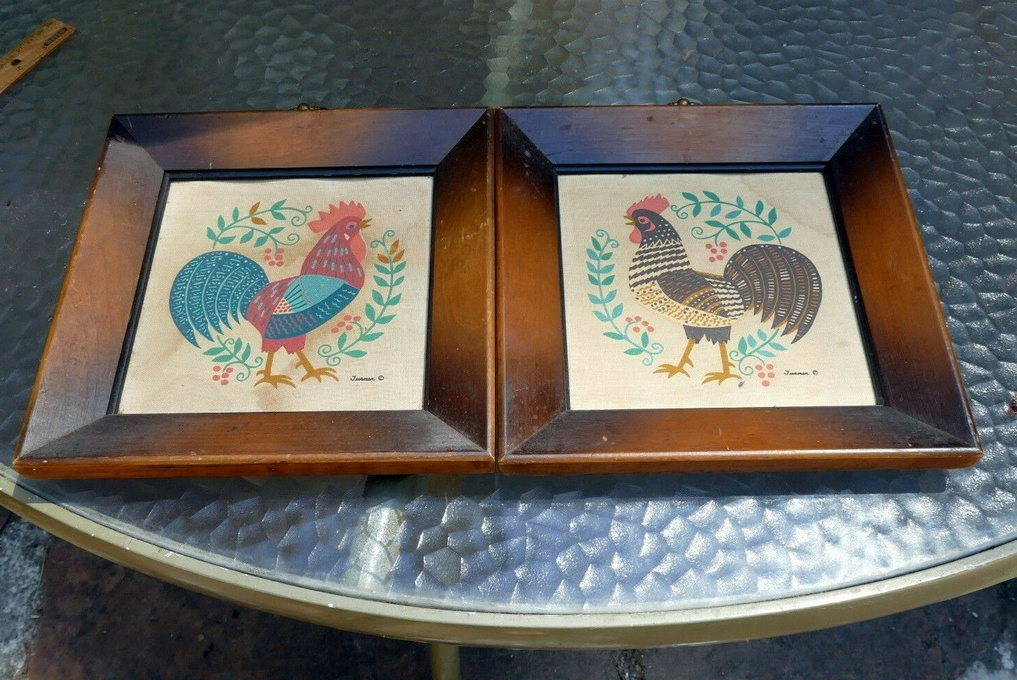 Set of two Rooster On Cloth Wood Framed Turner Co 1970 Home decor picture bird