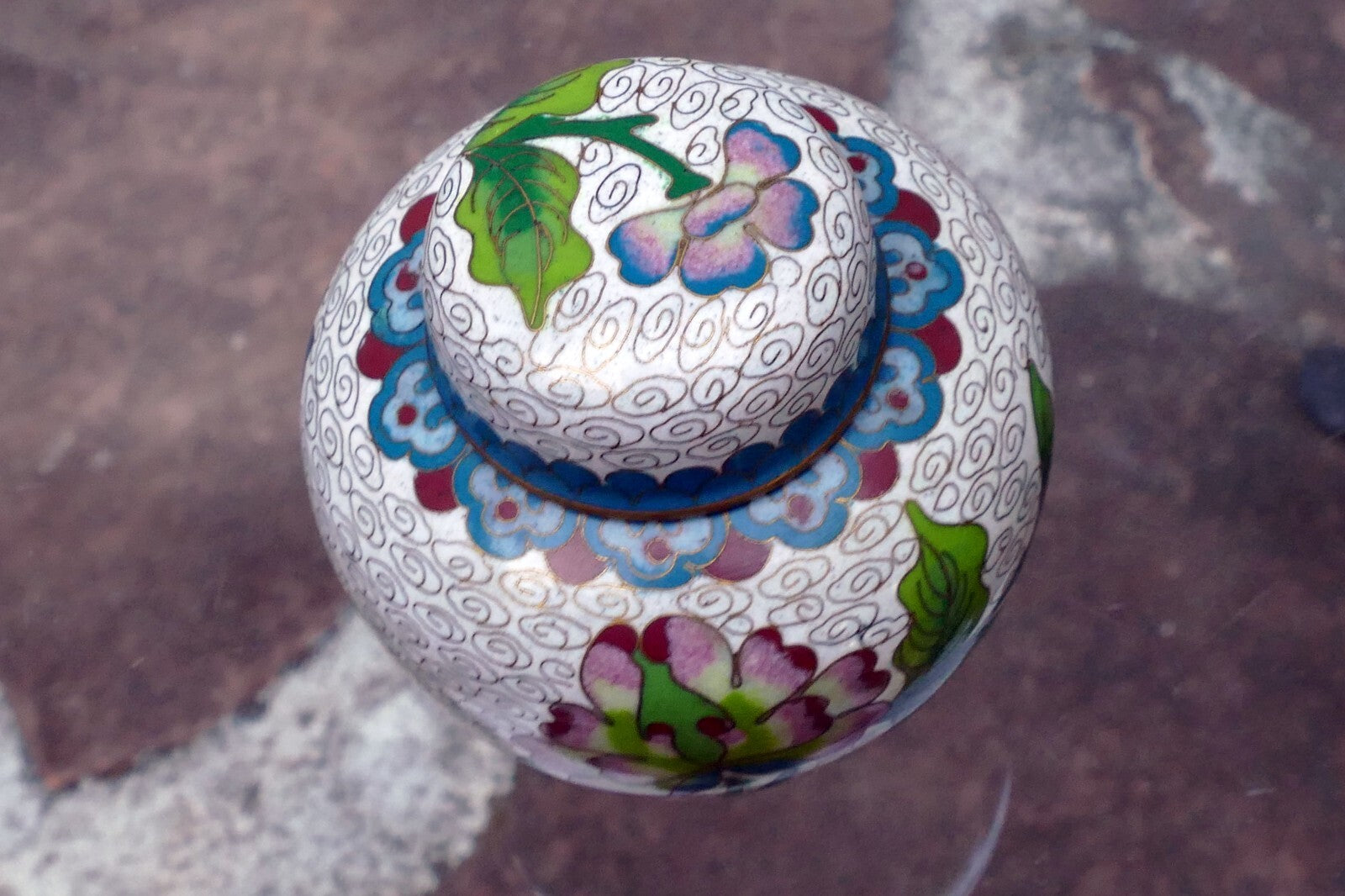 Cloisonne Ginger Jar with top lid enamel brass 3X3.5" small