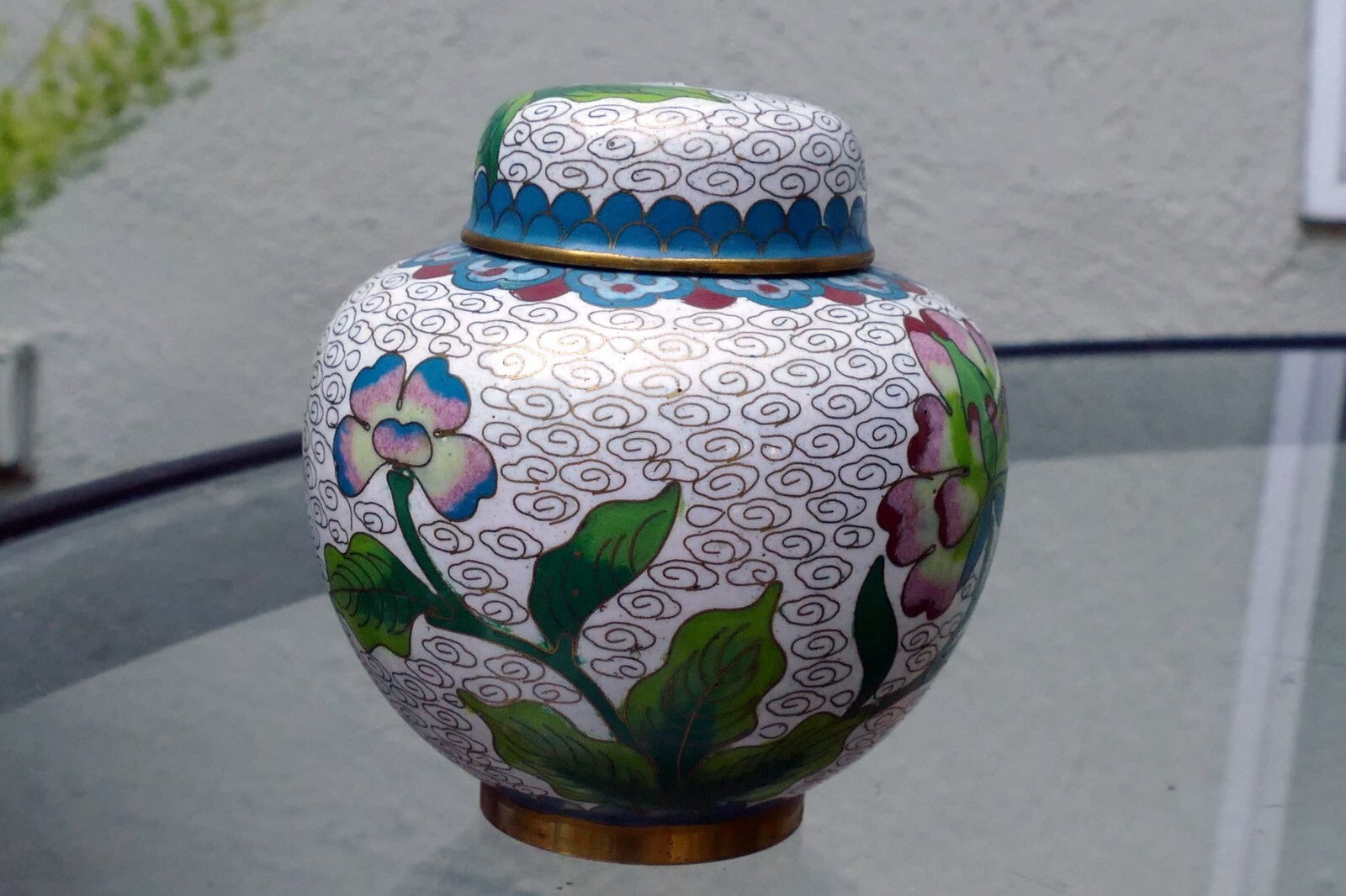 Cloisonne Ginger Jar with top lid enamel brass 3X3.5" small