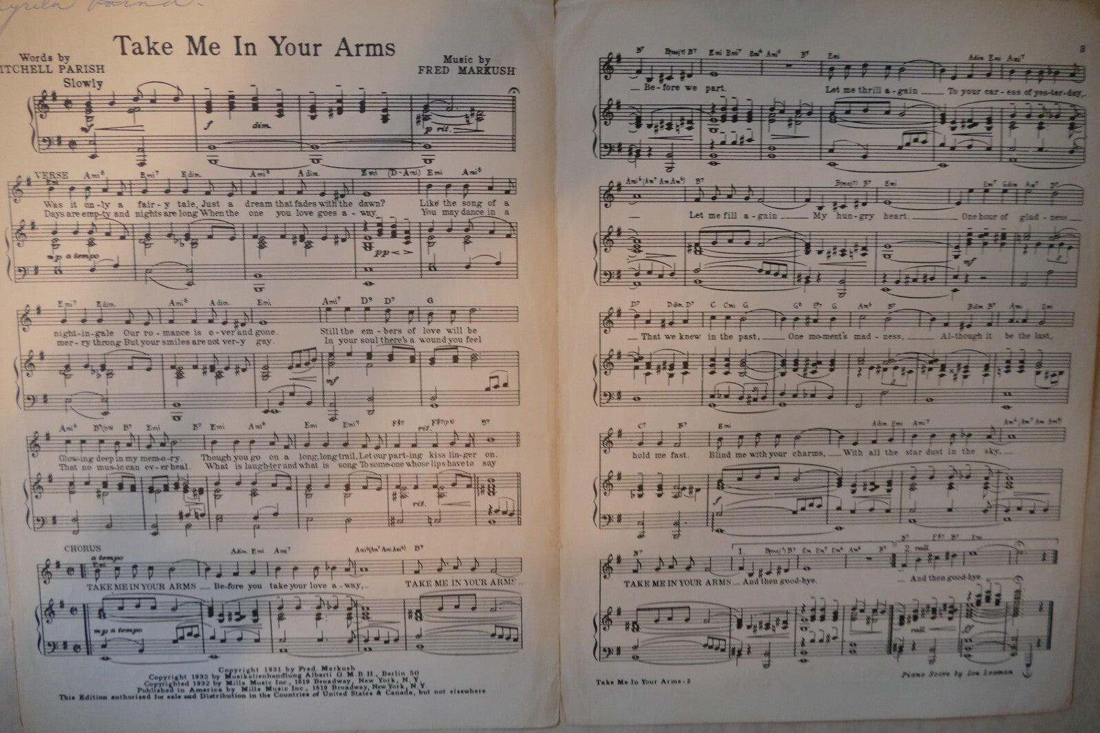 Take Me In Your Arms 1932, by Mitchell Parish and Fred Markush, Mills Music Inc.