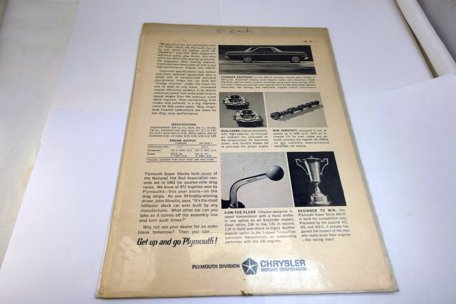 Get up and go 426-III V8 Plymouth Magazine clipping advertisement Ad